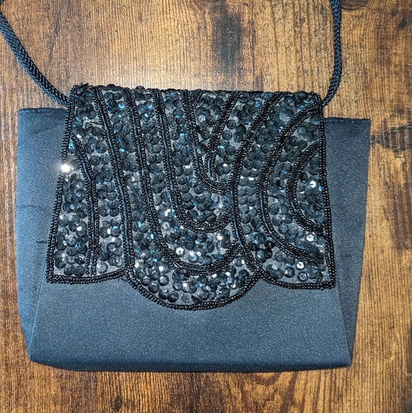 Vintage Handbags - Vintage Evening Bag Mini Crossbody Sequin Black Satin